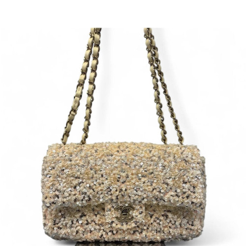Chanel Small Single Flap Sequin Beige Gold