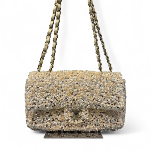 Chanel Small Single Flap Sequin Beige Gold