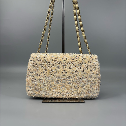 Chanel Small Single Flap Sequin Beige Gold