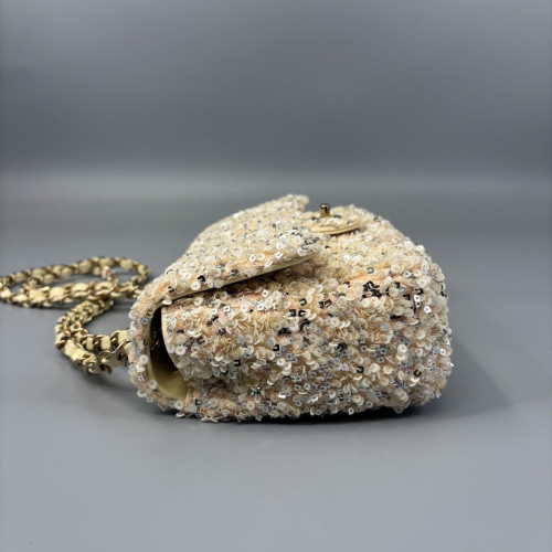 Chanel Small Single Flap Sequin Beige Gold