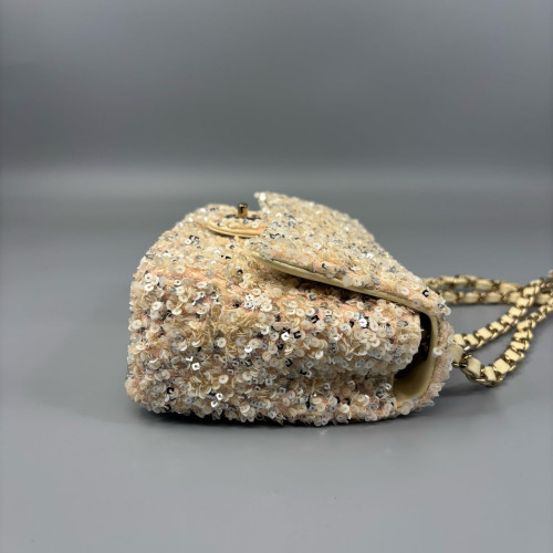 Chanel Small Single Flap Sequin Beige Gold