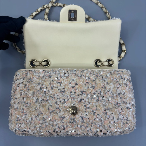 Chanel Small Single Flap Sequin Beige Gold