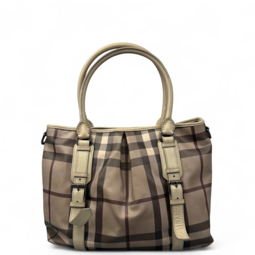 Burberry Tote Bag House Check Calfskin Beige Brown Black