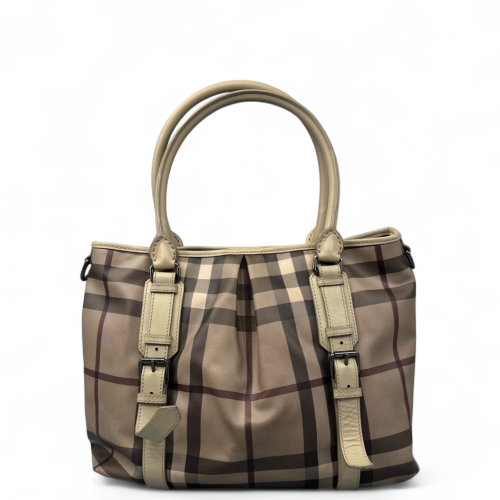 Burberry Tote Bag House Check Calfskin Beige Brown Black