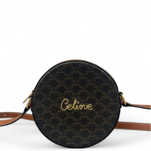 Celine Triomphe Embroidered Round Bag Triomphe Brown Black