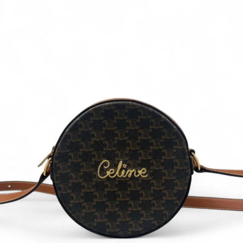 Celine Triomphe Embroidered Round Bag Triomphe Brown Black