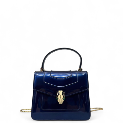 Bvlgari Small Serpenti Forever Top Handle Bag Metallic Patent Calfskin Blue