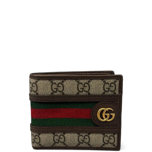 Gucci Web Ophidia Compact Wallet GG Supreme Monogram Beige Brown Green
