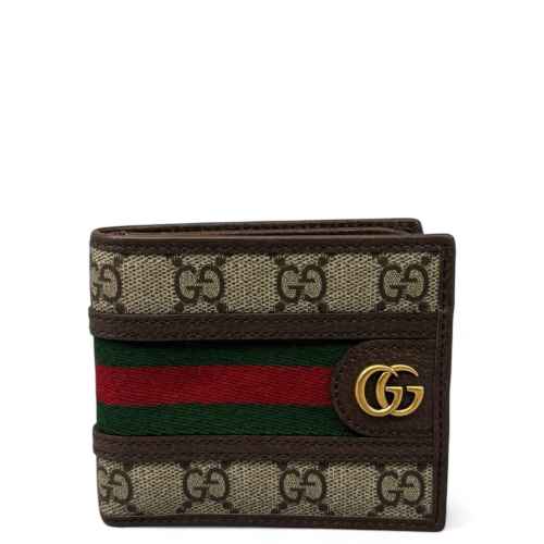 Gucci Web Ophidia Compact Wallet GG Supreme Monogram Beige Brown Green
