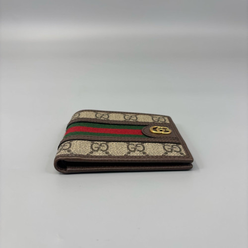 Gucci Web Ophidia Compact Wallet GG Supreme Monogram Beige Brown Green