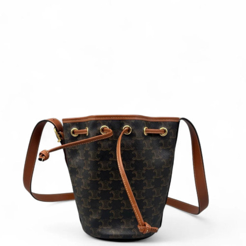 Celine Small Drawstring Bucket Bag Triomphe Brown Black