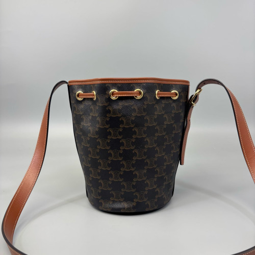 Celine Small Drawstring Bucket Bag Triomphe Brown Black