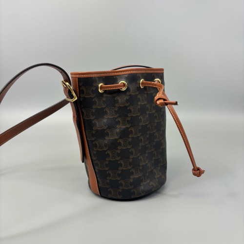 Celine Small Drawstring Bucket Bag Triomphe Brown Black
