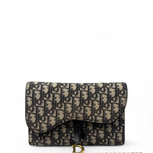 Dior Medium Saddle Chain Pouch Oblique Black Beige Navy