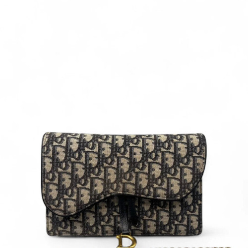 Dior Medium Saddle Chain Pouch Oblique Black Beige Navy