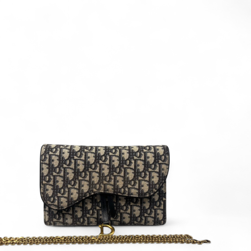 Dior Medium Saddle Chain Pouch Oblique Black Beige Navy