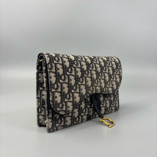 Dior Medium Saddle Chain Pouch Oblique Black Beige Navy