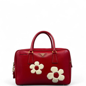 Prada Flower Handbag Patent Calfskin Red White