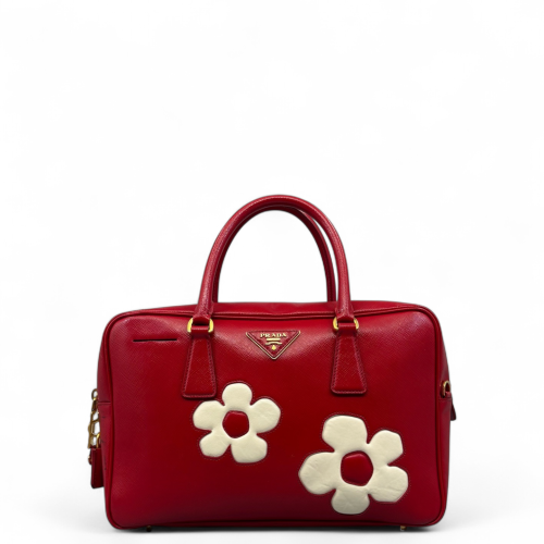 Prada Flower Handbag Patent Calfskin Red White