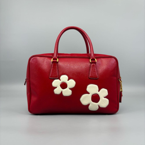 Prada Flower Handbag Patent Calfskin Red White