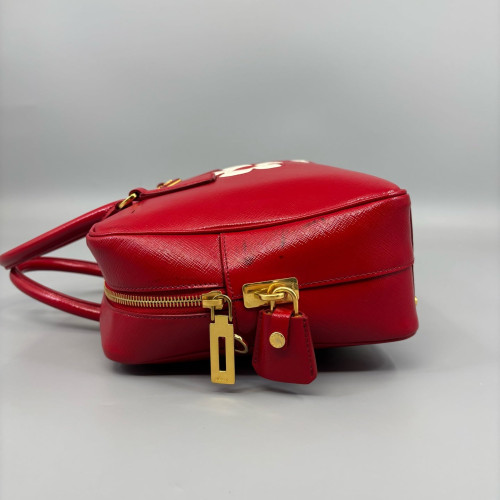 Prada Flower Handbag Patent Calfskin Red White