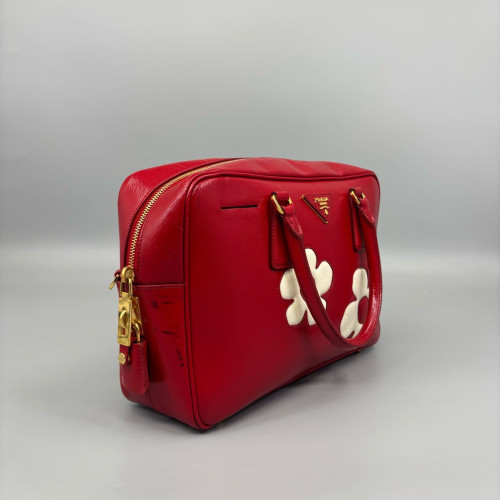 Prada Flower Handbag Patent Calfskin Red White