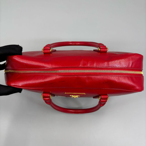 Prada Flower Handbag Patent Calfskin Red White