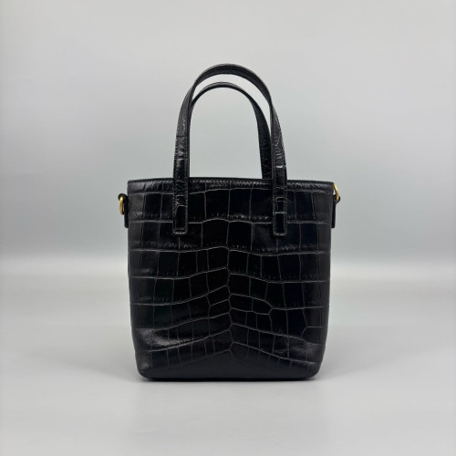 Yves Saint Laurent Medium Rider Bucket Calfskin Crocodile Embossed Black