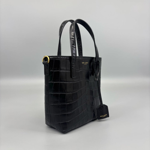 Yves Saint Laurent Medium Rider Bucket Calfskin Crocodile Embossed Black