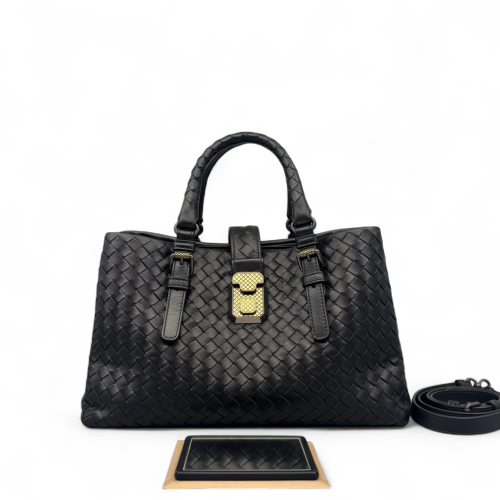 Bottega Veneta Small Roma Tote Bag Calfskin Intrecciato Black
