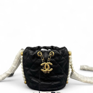 Chanel Quilted Pearl Chain Bucket Calfskin Black Chanel Quilted Pearl Chain Bucket Calfskin Black