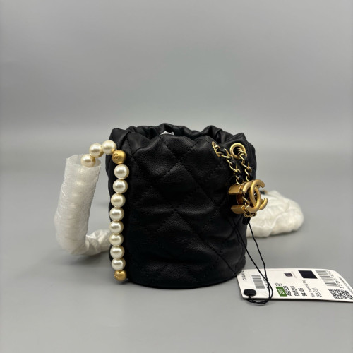 Chanel Quilted Pearl Chain Bucket Calfskin Black Chanel Quilted Pearl Chain Bucket Calfskin Black