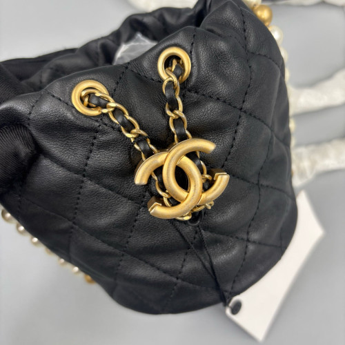 Chanel Quilted Pearl Chain Bucket Calfskin Black Chanel Quilted Pearl Chain Bucket Calfskin Black