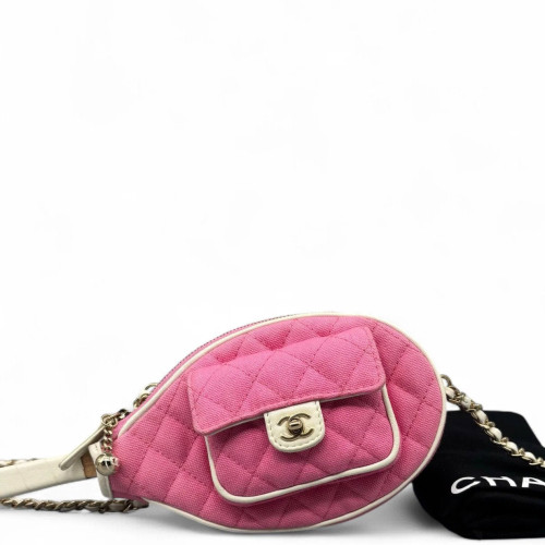 Chanel Quilted Tennis Racket Clutch With Chain Canvas Pink White