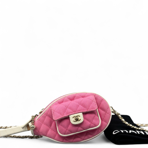 Chanel Quilted Tennis Racket Clutch With Chain Canvas Pink White