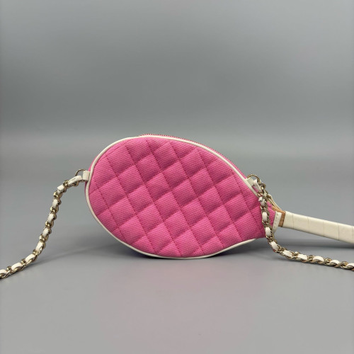 Chanel Quilted Tennis Racket Clutch With Chain Canvas Pink White