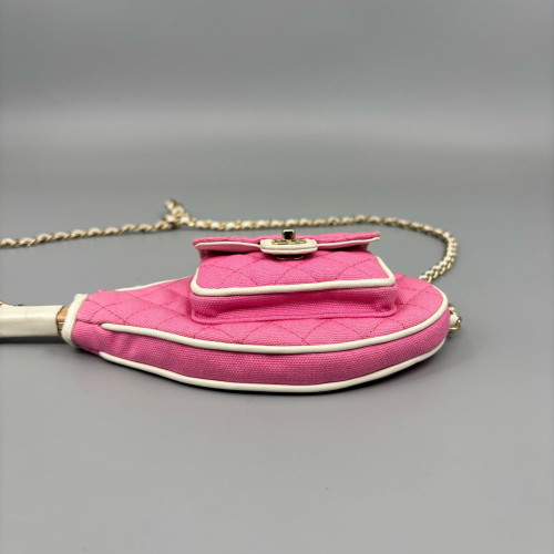 Chanel Quilted Tennis Racket Clutch With Chain Canvas Pink White