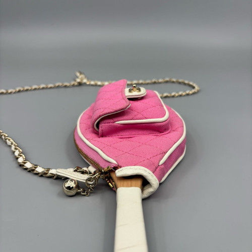 Chanel Quilted Tennis Racket Clutch With Chain Canvas Pink White