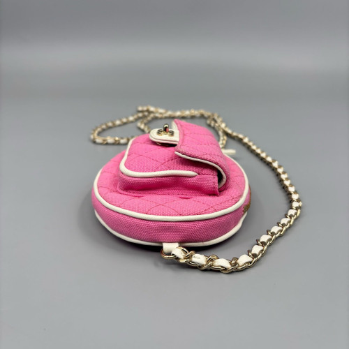 Chanel Quilted Tennis Racket Clutch With Chain Canvas Pink White