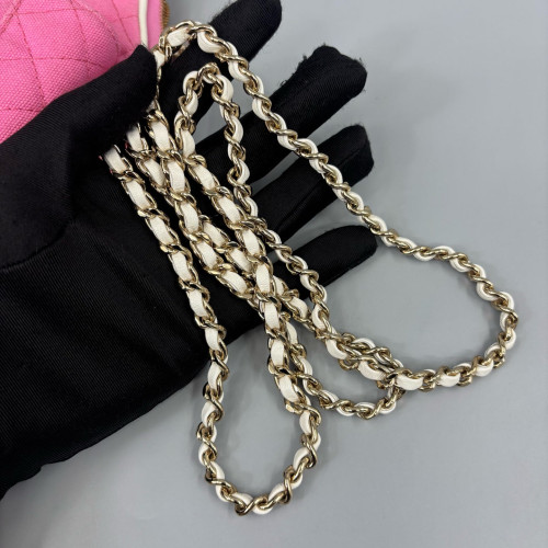 Chanel Quilted Tennis Racket Clutch With Chain Canvas Pink White