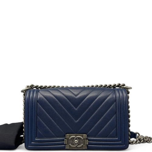 Chanel Chevron Quilted Medium Boy Flap Grained Calfskin Blue