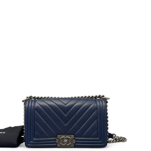 Chanel Chevron Quilted Medium Boy Flap Grained Calfskin Blue