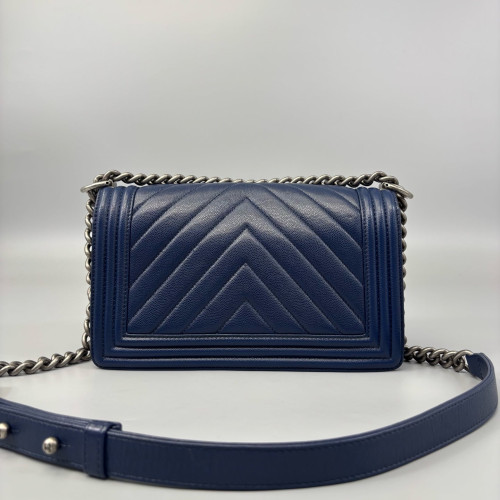 Chanel Chevron Quilted Medium Boy Flap Grained Calfskin Blue