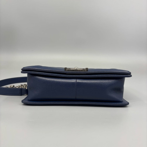 Chanel Chevron Quilted Medium Boy Flap Grained Calfskin Blue
