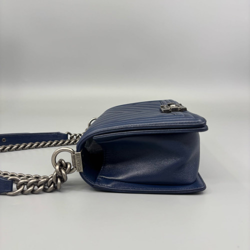 Chanel Chevron Quilted Medium Boy Flap Grained Calfskin Blue