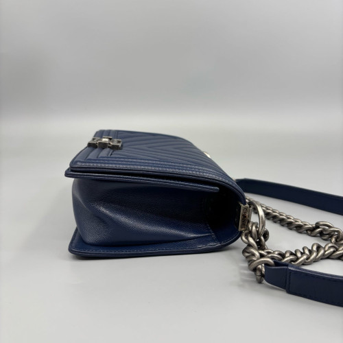 Chanel Chevron Quilted Medium Boy Flap Grained Calfskin Blue