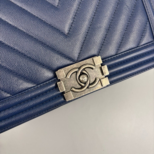 Chanel Chevron Quilted Medium Boy Flap Grained Calfskin Blue
