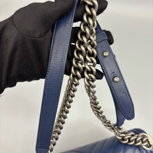 Chanel Chevron Quilted Medium Boy Flap Grained Calfskin Blue
