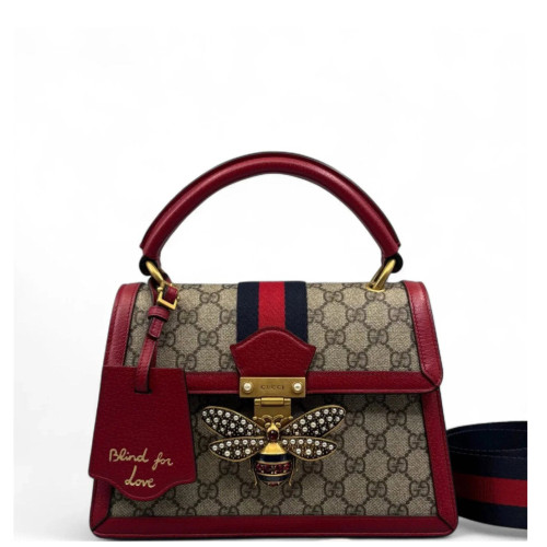 Gucci Imitation Pearls Crystal Embellished Queen Margaret Top Handle Bag GG Supreme Monogram Red Beige Blue