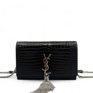 Yves Saint Laurent Small Envelope Chain Wallet Calfskin Crocodile Embossed Black